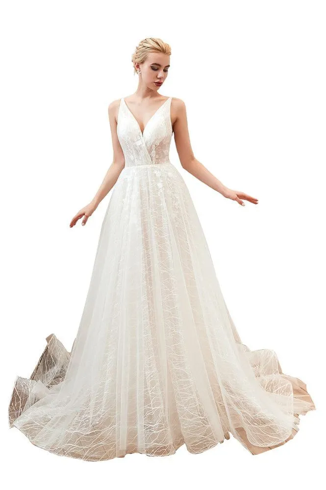 Chic Deep V-Neck White Tulle Princess Open Back Wedding Dress with Court Train