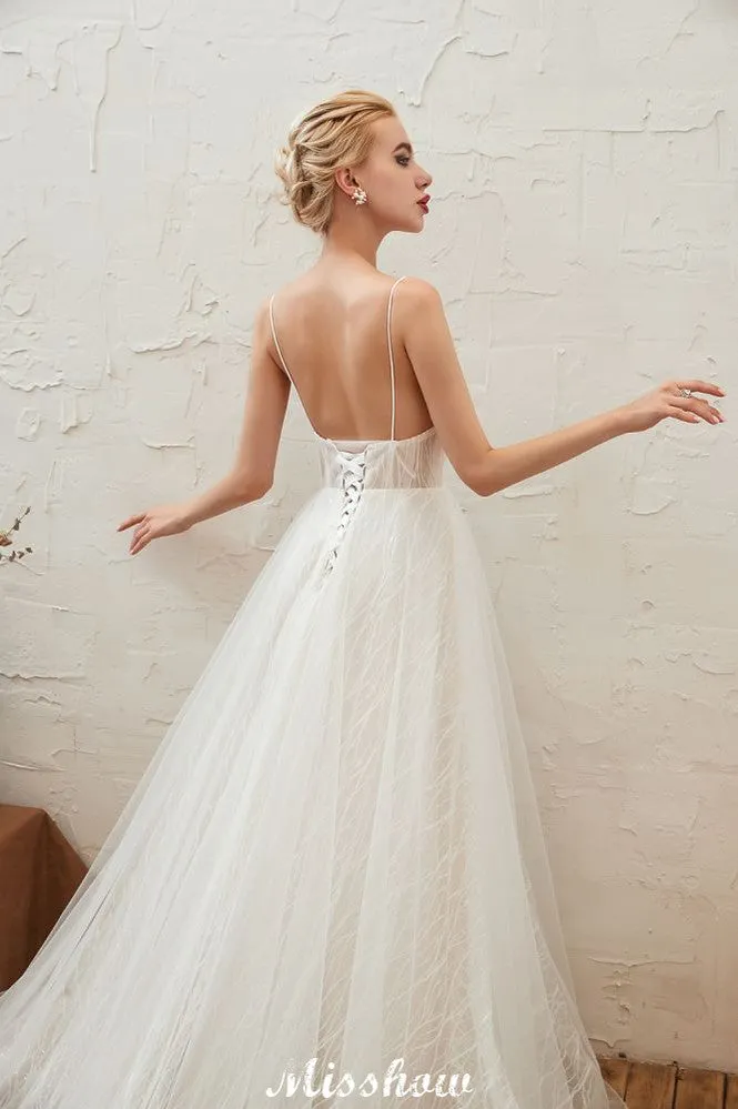 Chic Deep V-Neck White Tulle Princess Open Back Wedding Dress with Court Train