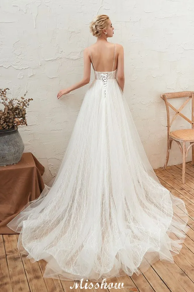 Chic Deep V-Neck White Tulle Princess Open Back Wedding Dress with Court Train