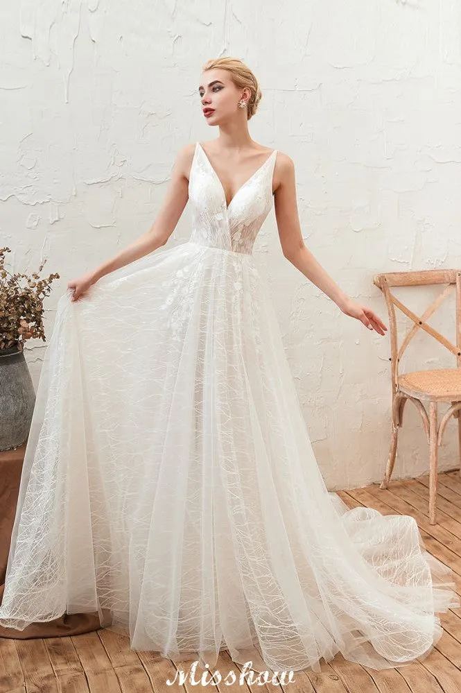 Chic Deep V-Neck White Tulle Princess Open Back Wedding Dress with Court Train