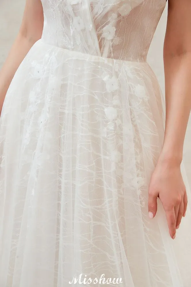 Chic Deep V-Neck White Tulle Princess Open Back Wedding Dress with Court Train