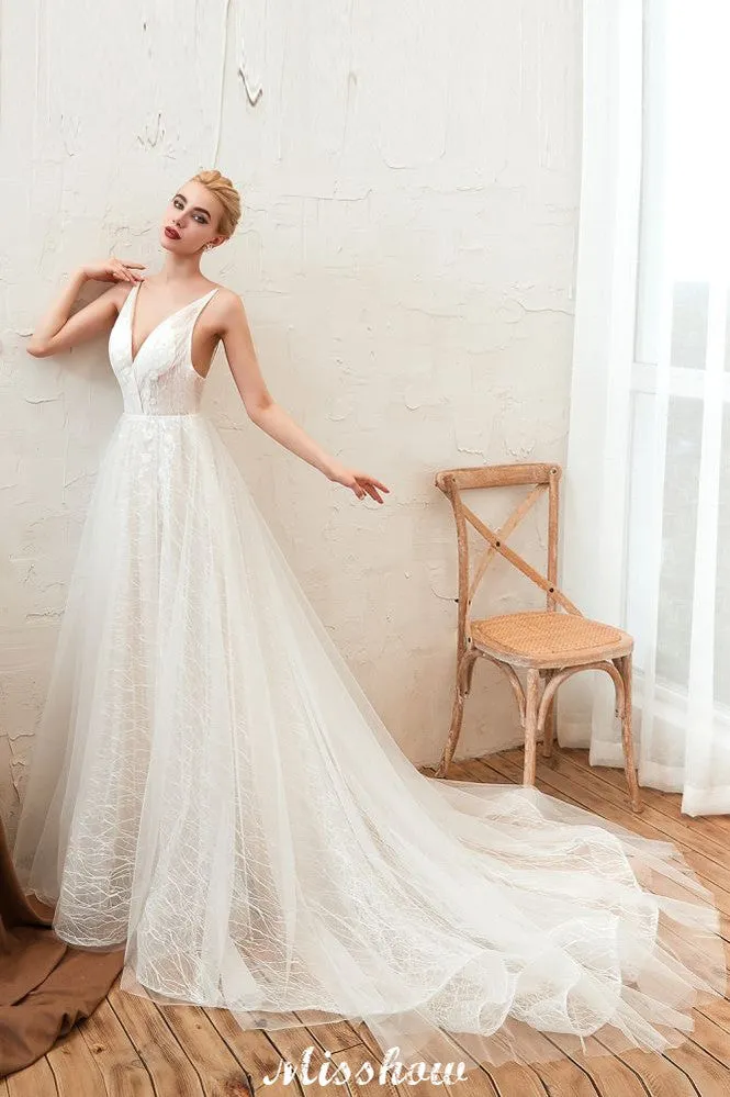Chic Deep V-Neck White Tulle Princess Open Back Wedding Dress with Court Train