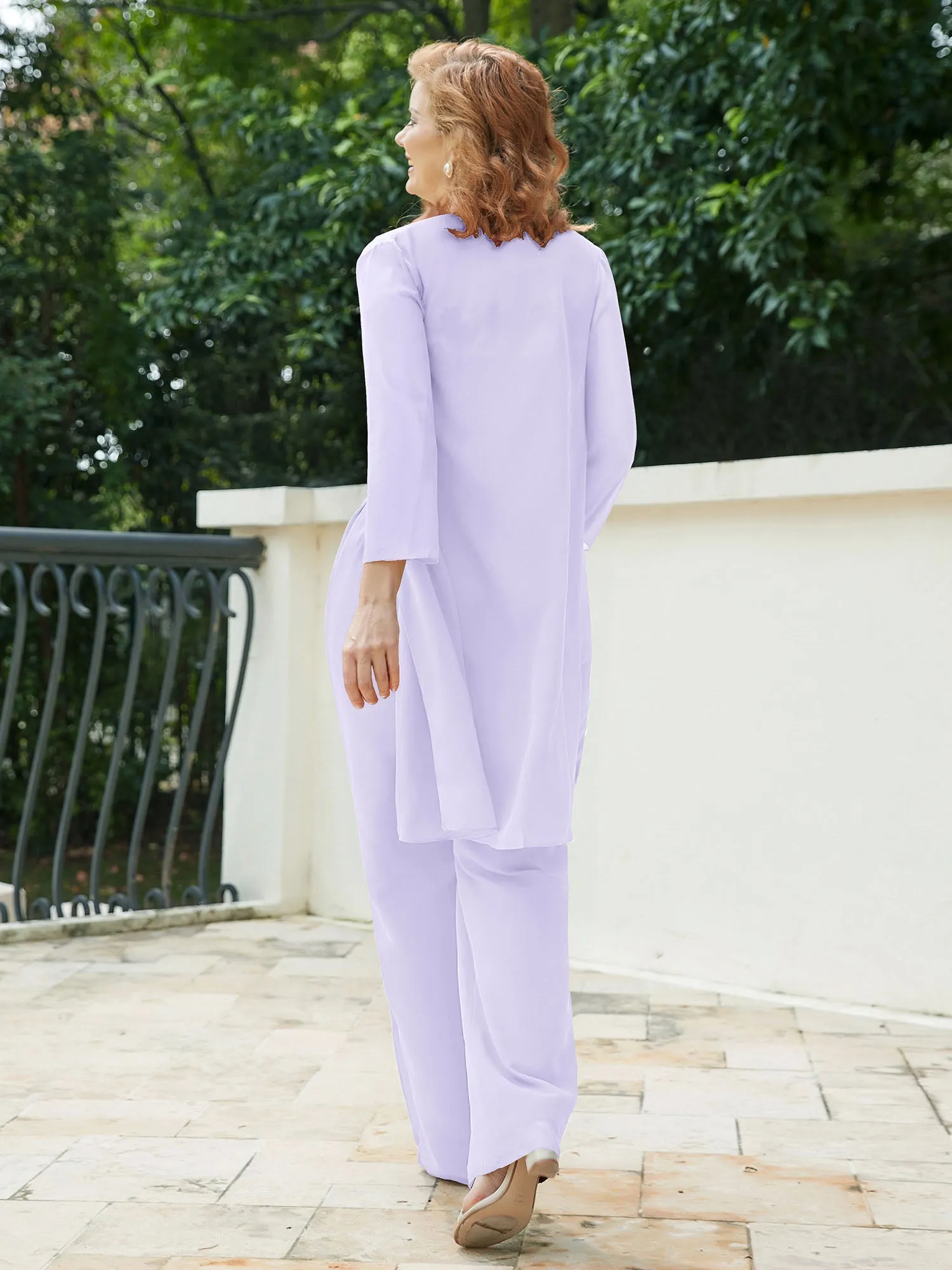 Chic Lace Top Pant Suit with Jacket Lilac