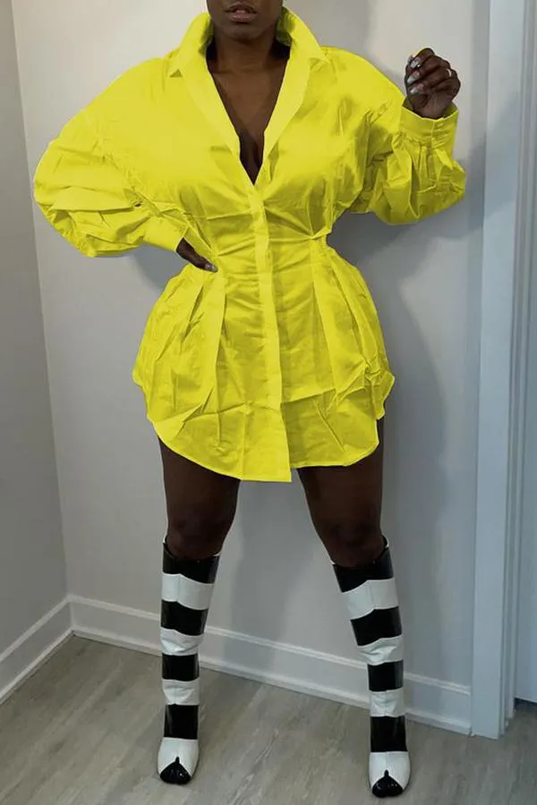 Chic Solid Long Sleeve Panels Button Shirt Dress