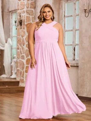 Cross Shoulder Strap Chiffon Dress with Empire Waist Candy Pink Plus Size