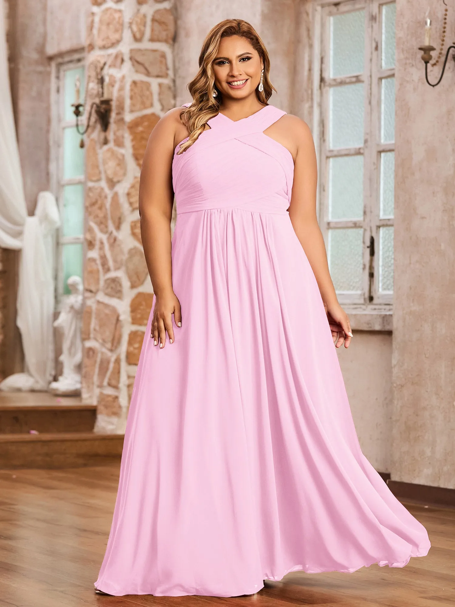 Cross Shoulder Strap Chiffon Dress with Empire Waist Candy Pink Plus Size