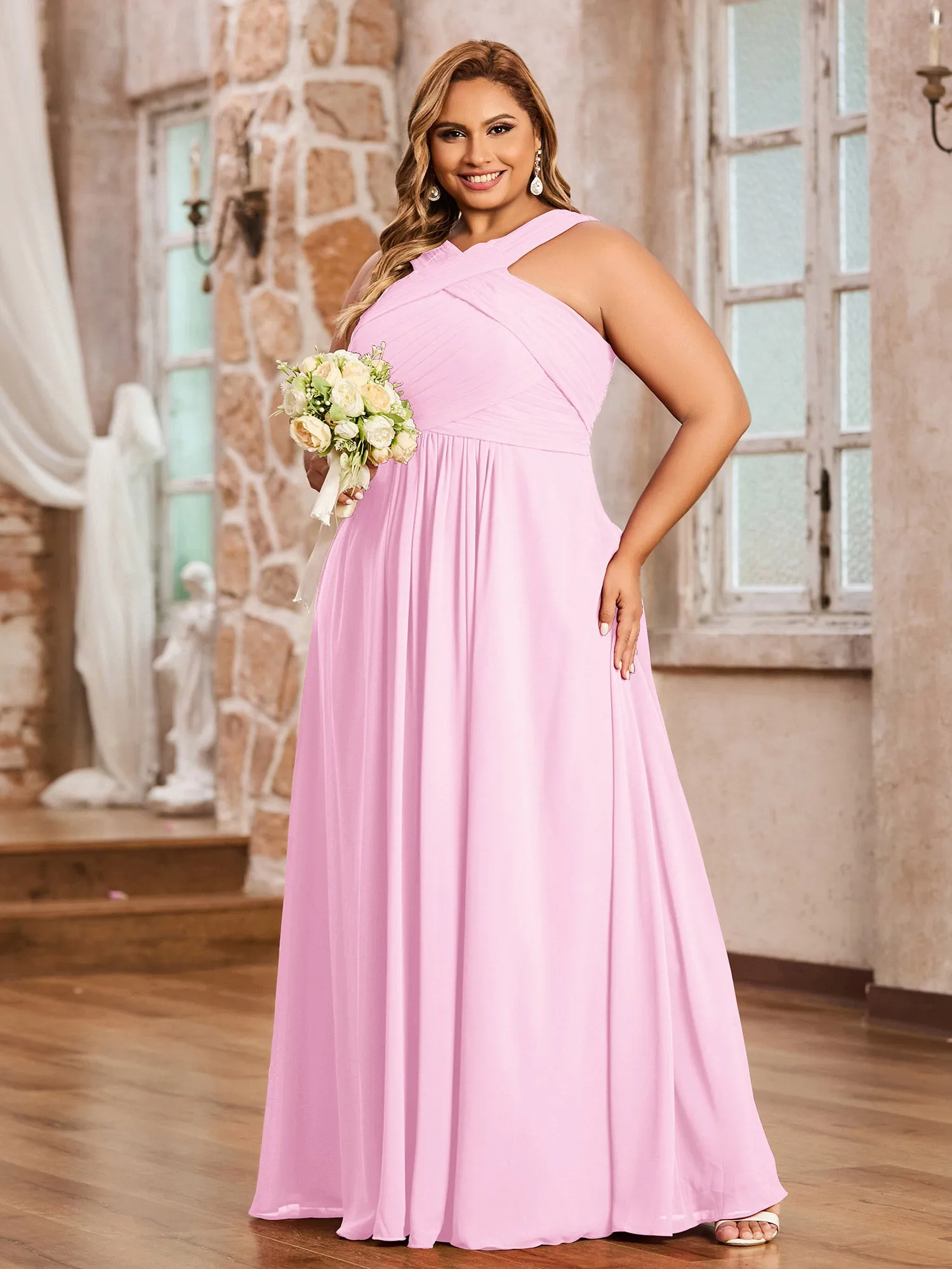 Cross Shoulder Strap Chiffon Dress with Empire Waist Candy Pink Plus Size