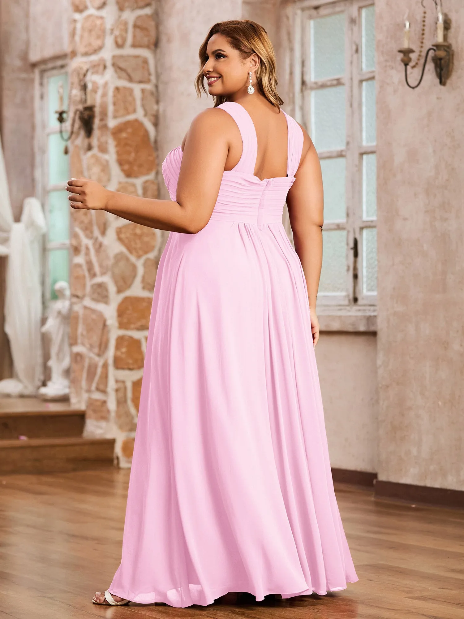 Cross Shoulder Strap Chiffon Dress with Empire Waist Candy Pink Plus Size