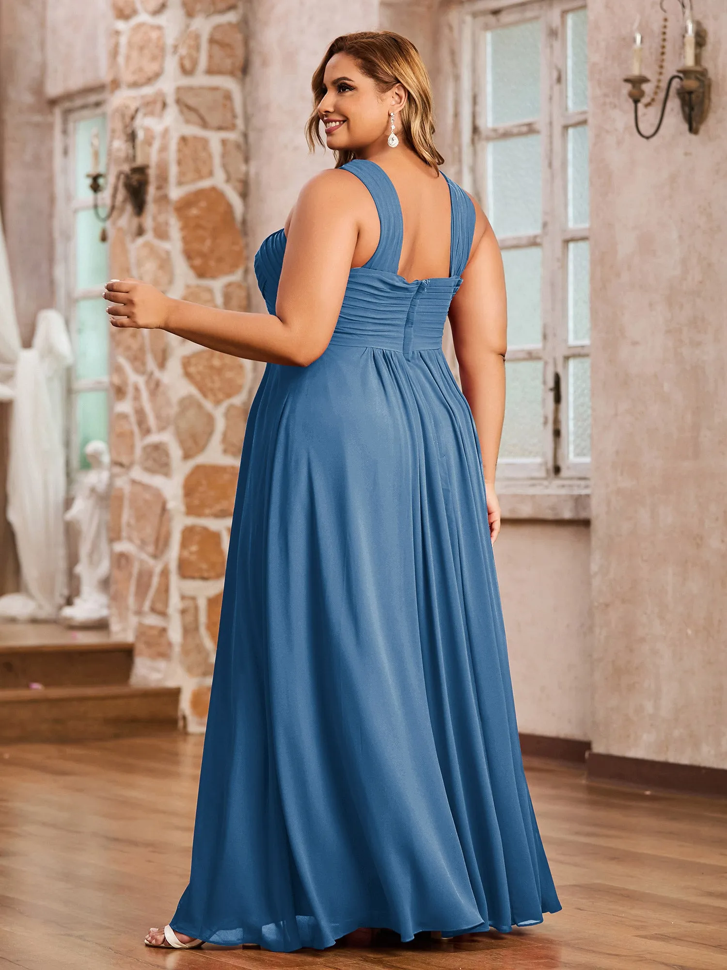 Cross Shoulder Strap Chiffon Dress with Empire Waist Ink Blue Plus Size