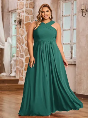 Cross Shoulder Strap Chiffon Dress with Empire Waist Peacock Plus Size