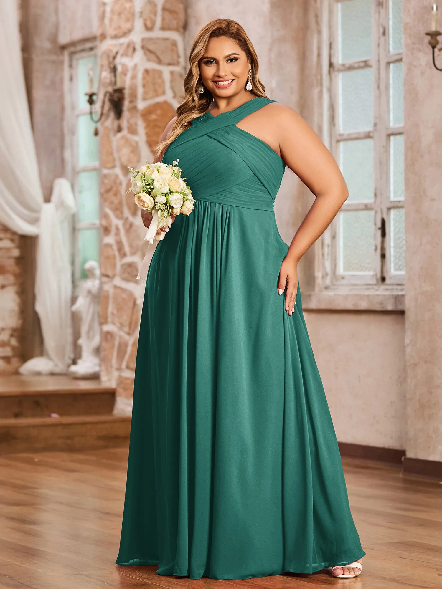 Cross Shoulder Strap Chiffon Dress with Empire Waist Peacock Plus Size