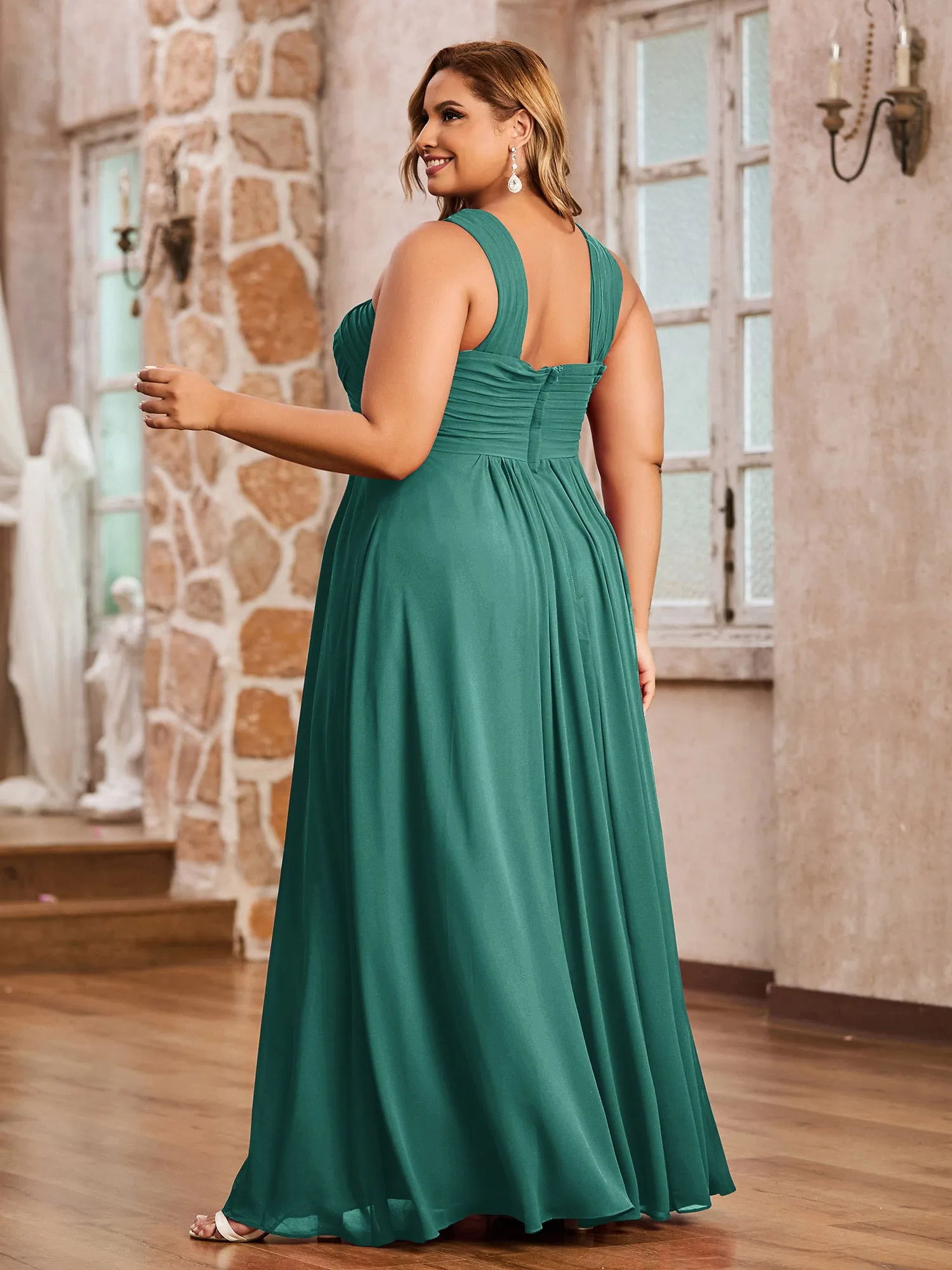 Cross Shoulder Strap Chiffon Dress with Empire Waist Peacock Plus Size