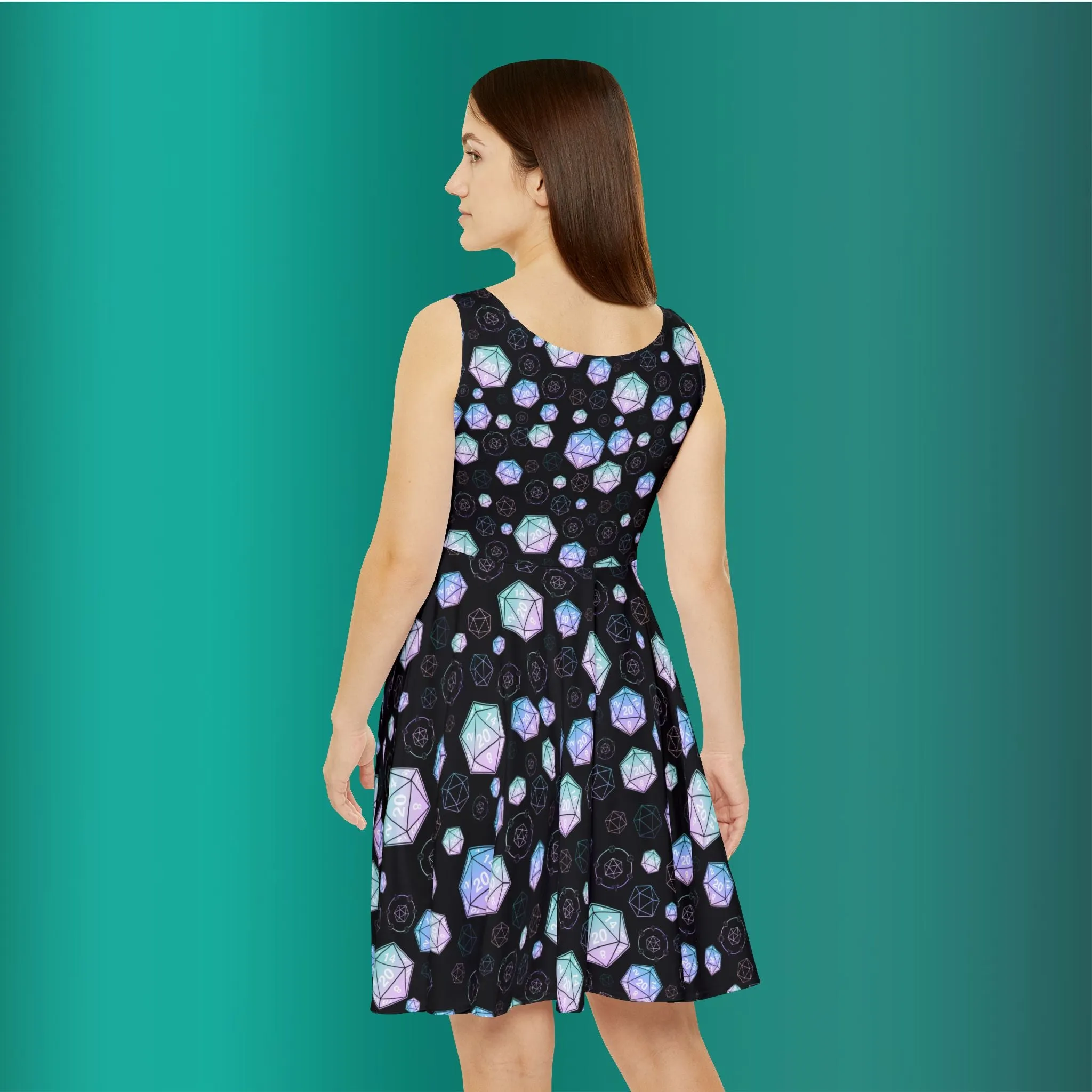 D20 Dice Raining Teal Gradient Skater Dress - Tabletop RPG Inspired Fashion