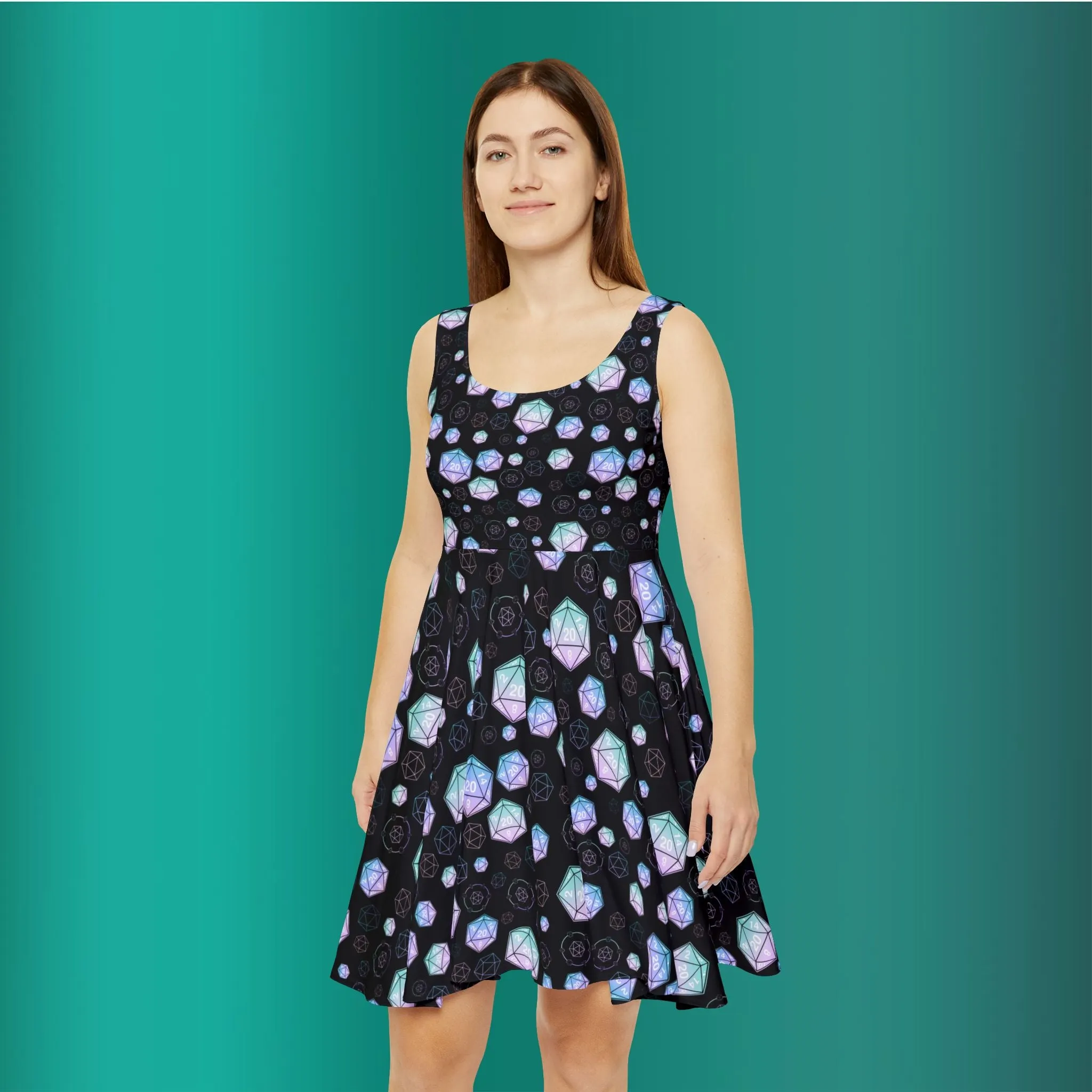 D20 Dice Raining Teal Gradient Skater Dress - Tabletop RPG Inspired Fashion