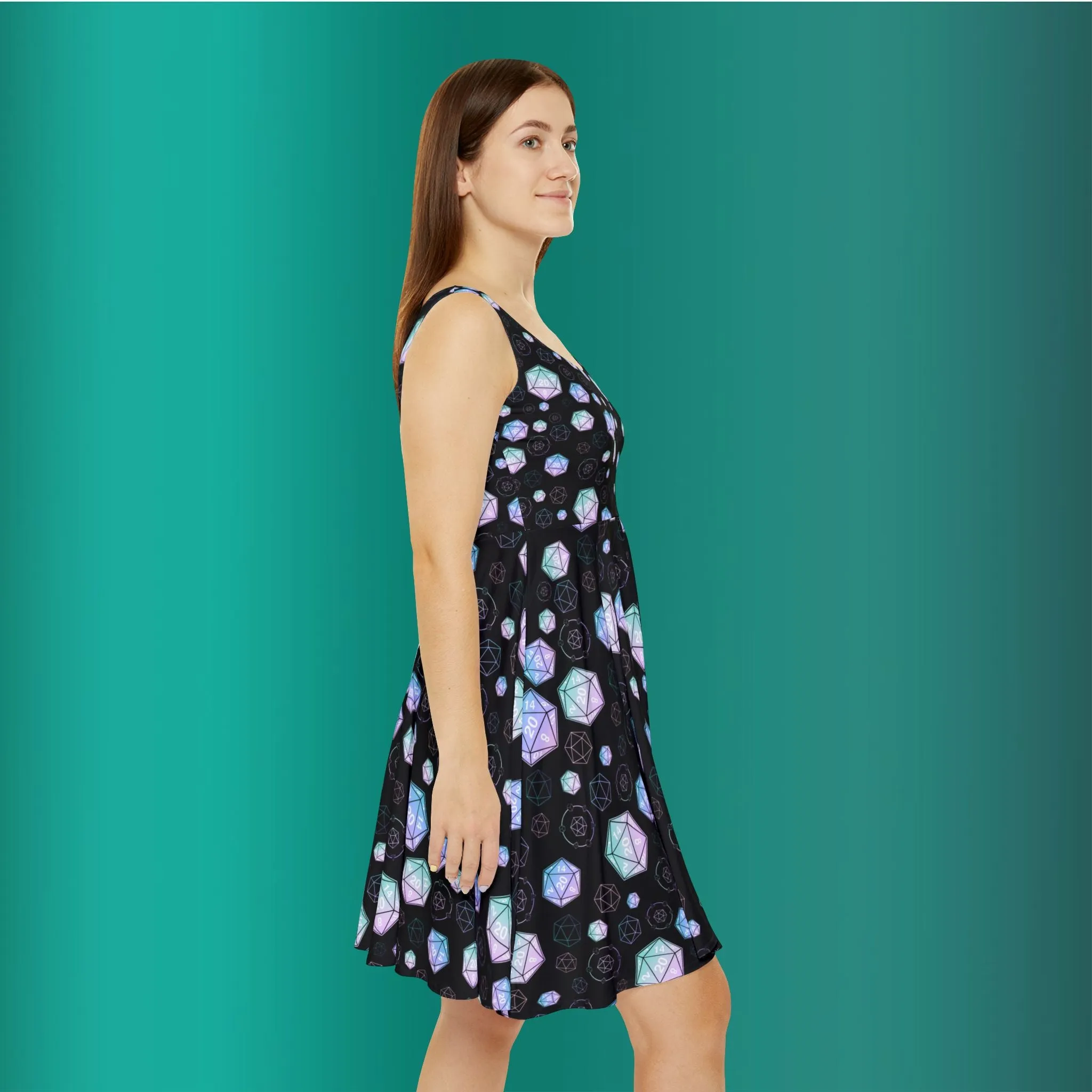 D20 Dice Raining Teal Gradient Skater Dress - Tabletop RPG Inspired Fashion