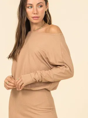 DONNA DOLMAN DRESS IN RIBBED TAN - FINAL SALE