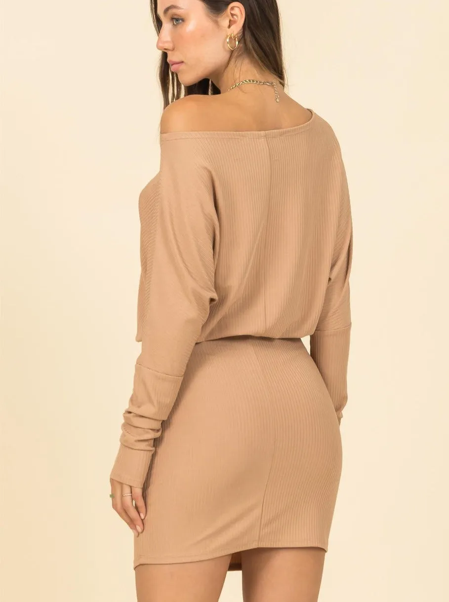 DONNA DOLMAN DRESS IN RIBBED TAN - FINAL SALE