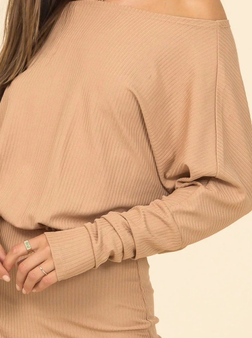 DONNA DOLMAN DRESS IN RIBBED TAN - FINAL SALE
