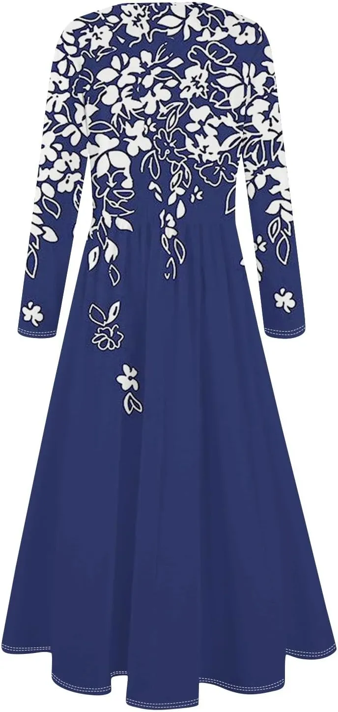 Dresses for Women 2025 Spring Long Sleeve V Neck Midi Flowy Trendy Casual Boho Office Cruise Dress