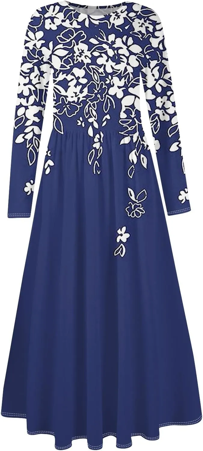 Dresses for Women 2025 Spring Long Sleeve V Neck Midi Flowy Trendy Casual Boho Office Cruise Dress