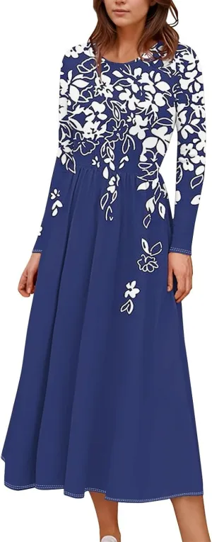 Dresses for Women 2025 Spring Long Sleeve V Neck Midi Flowy Trendy Casual Boho Office Cruise Dress