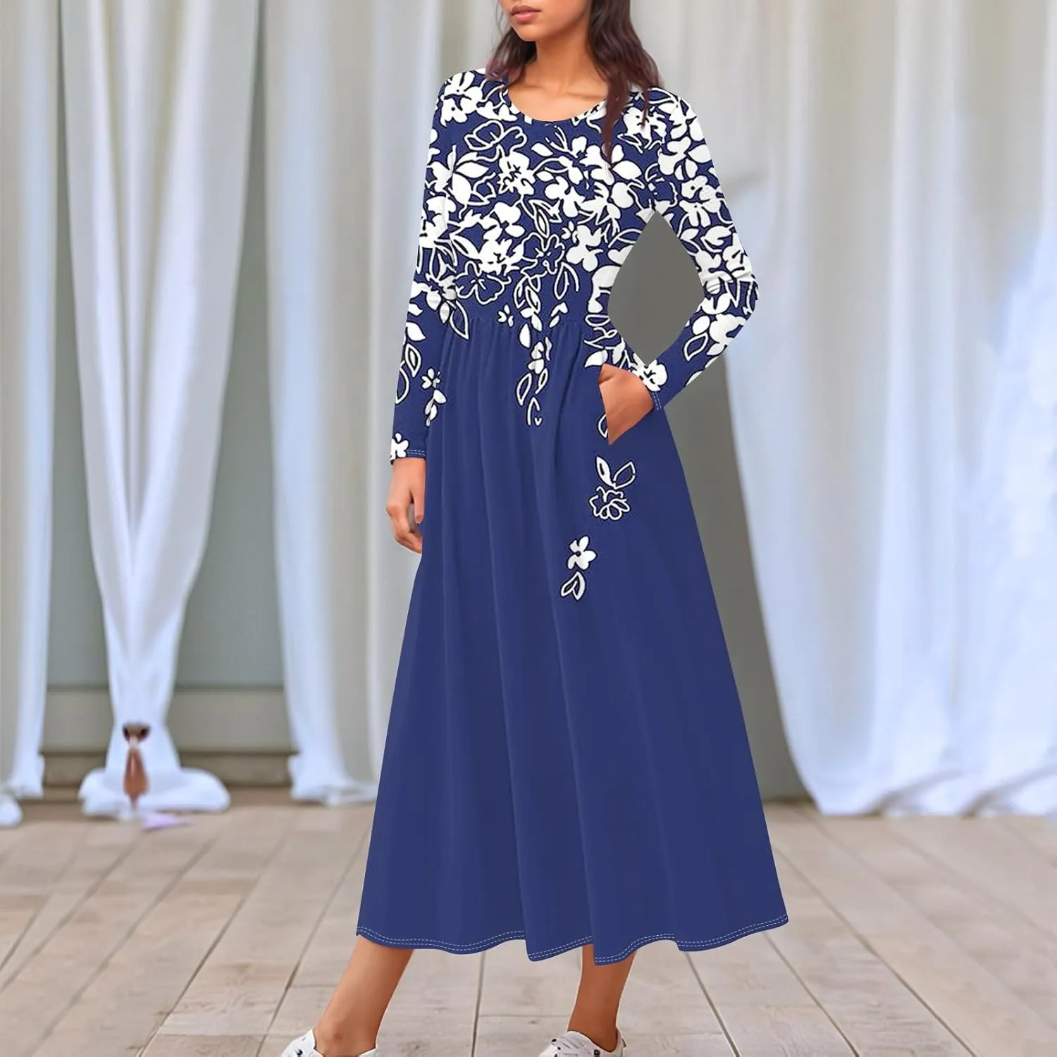 Dresses for Women 2025 Spring Long Sleeve V Neck Midi Flowy Trendy Casual Boho Office Cruise Dress
