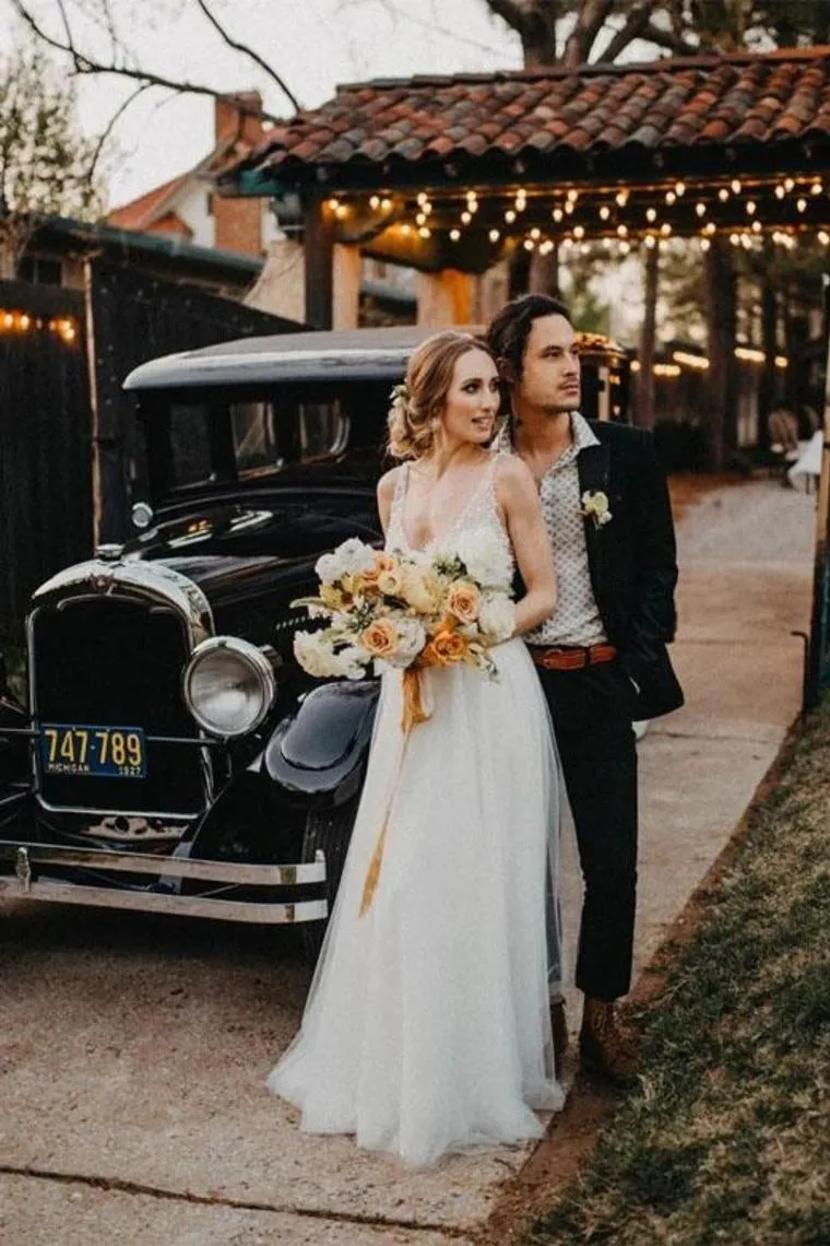 Elegant A Line Tulle Ivory V Neck Wedding Dresses With Pearls, V Back Beach Bridal Dresses
