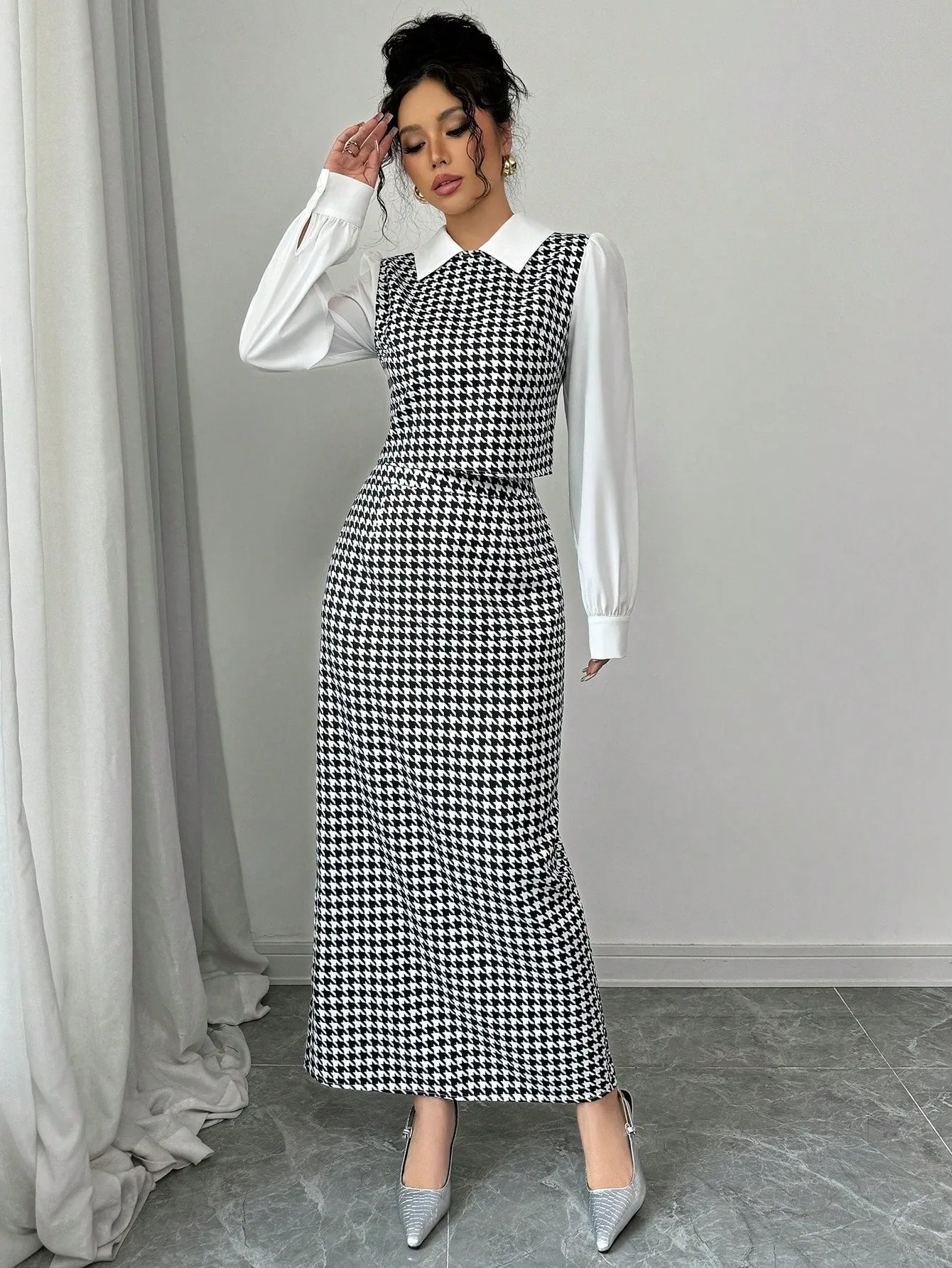 Elenzga 2pcs Set Houndstooth Color Block Shirt Collar