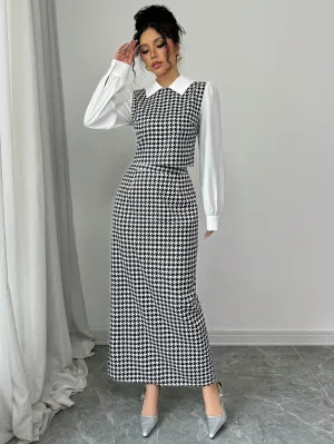 Elenzga 2pcs Set Houndstooth Color Block Shirt Collar