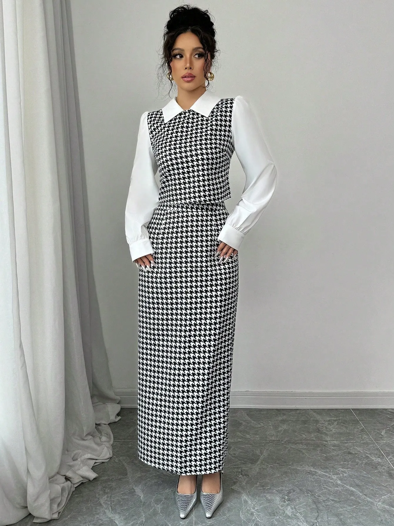 Elenzga 2pcs Set Houndstooth Color Block Shirt Collar