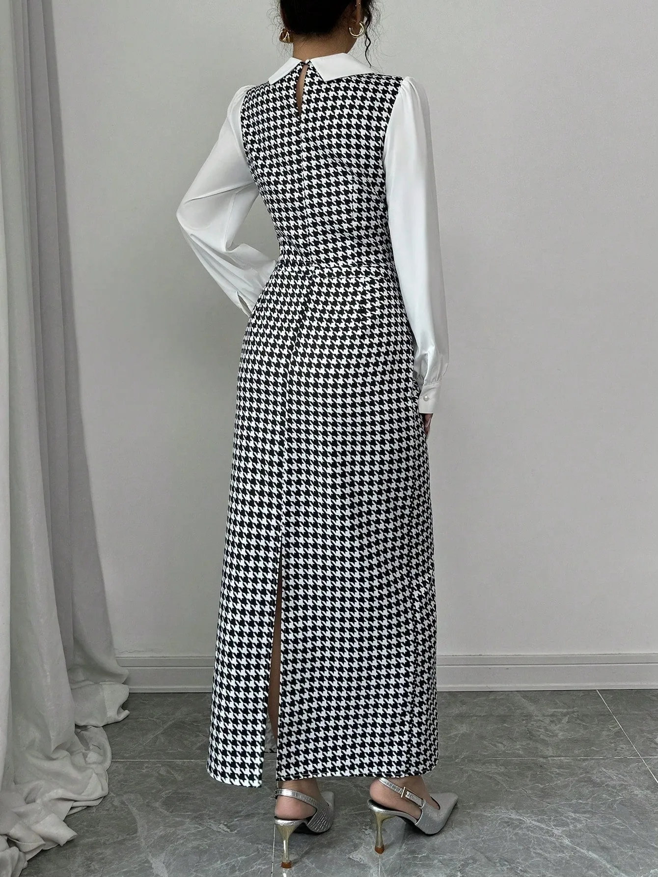 Elenzga 2pcs Set Houndstooth Color Block Shirt Collar
