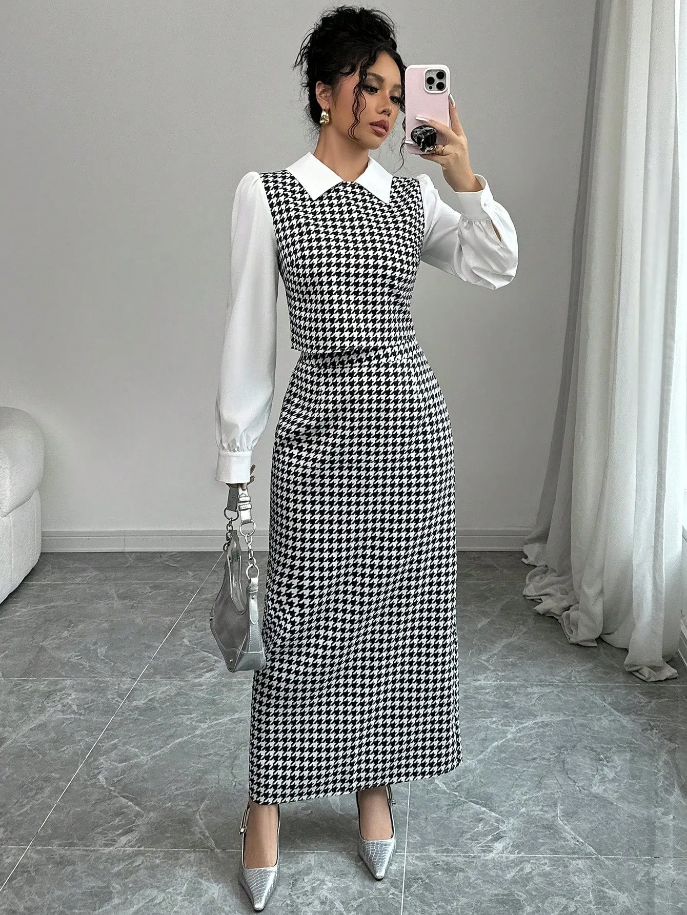 Elenzga 2pcs Set Houndstooth Color Block Shirt Collar
