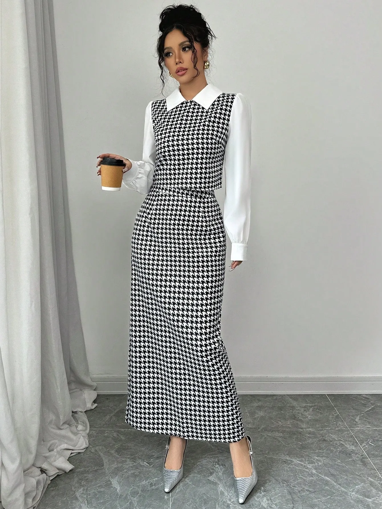 Elenzga 2pcs Set Houndstooth Color Block Shirt Collar