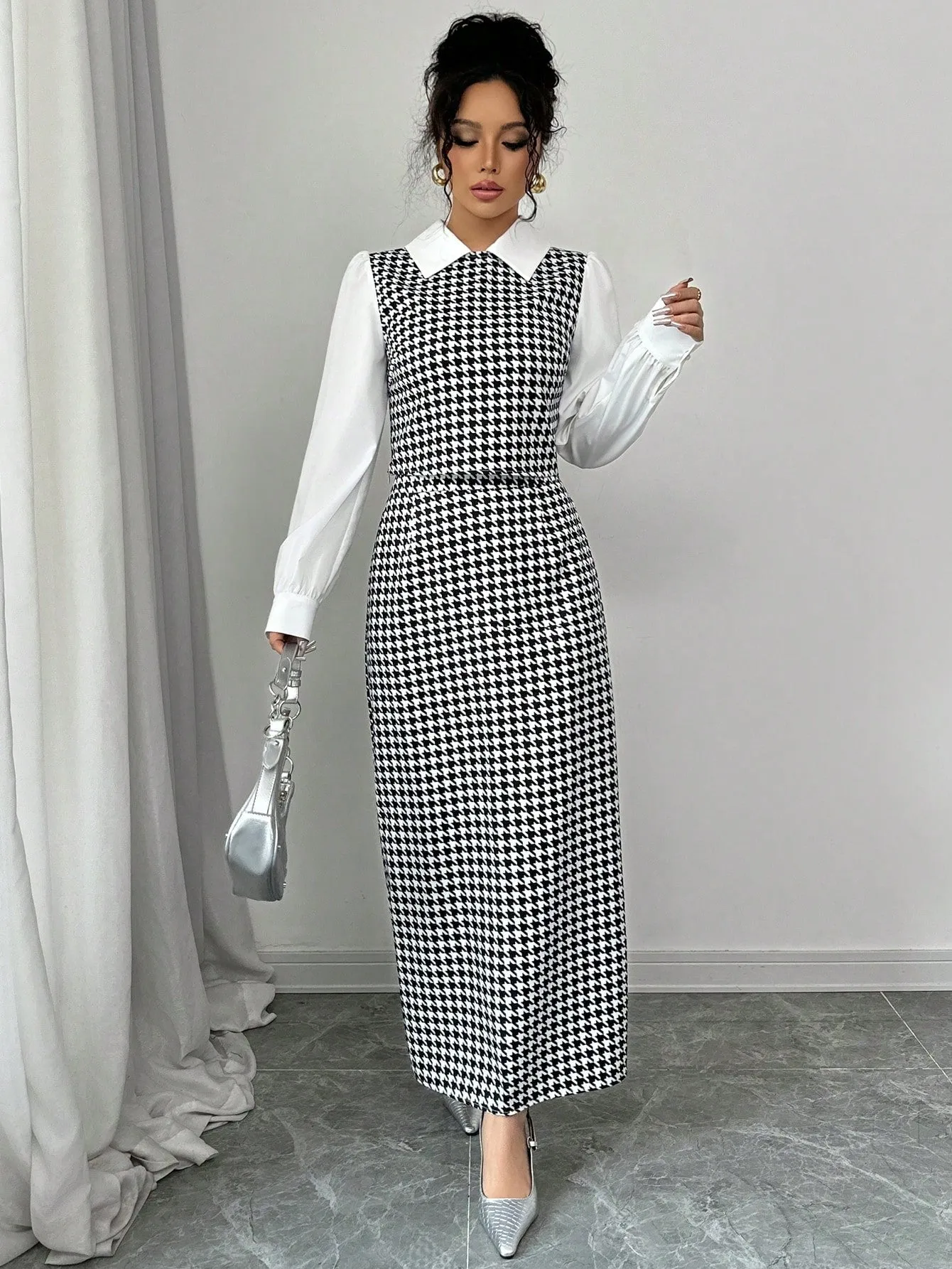 Elenzga 2pcs Set Houndstooth Color Block Shirt Collar