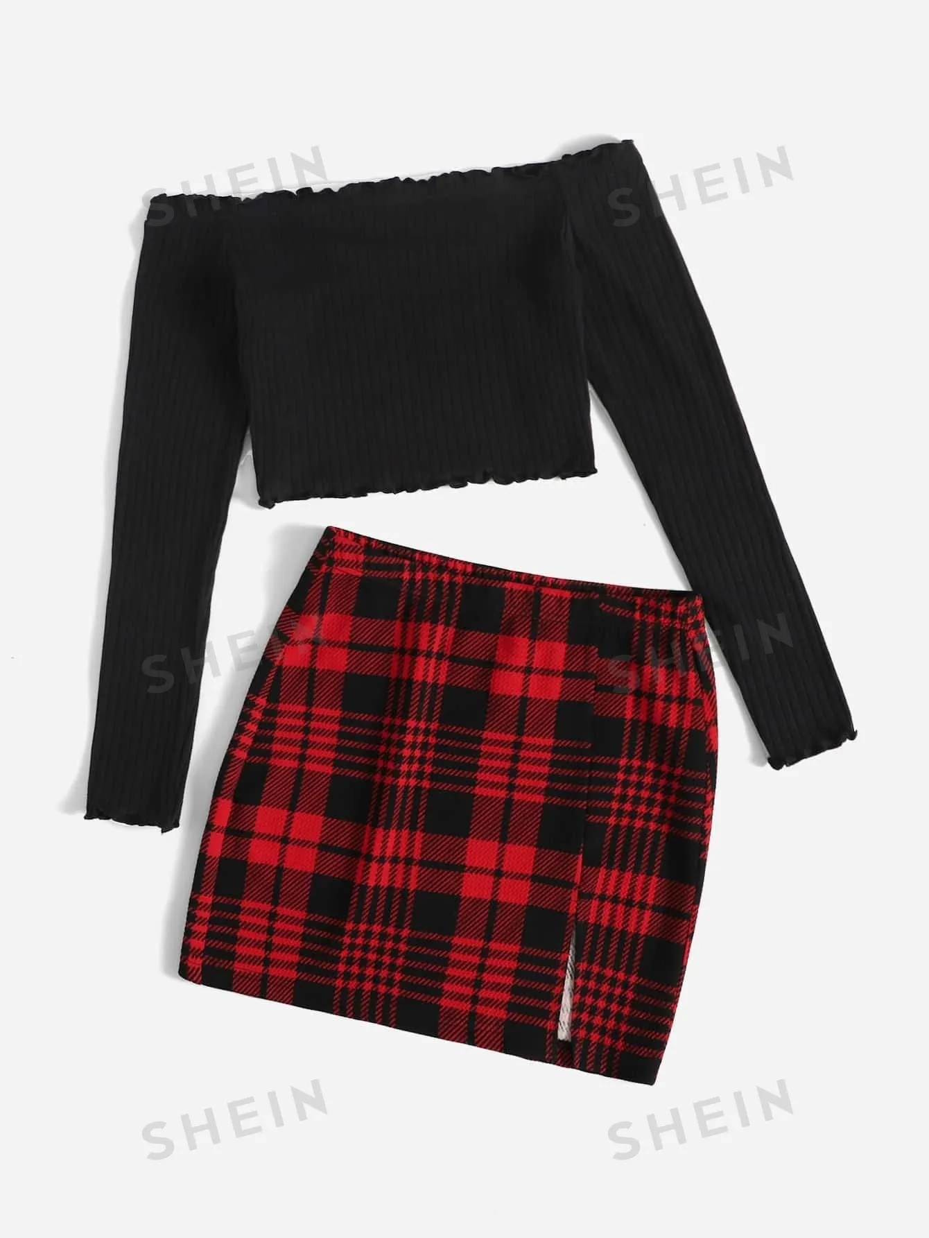 Essnce Ribbed Knit Lettuce Trim Off Shoulder Crop Top & Plaid Print Split Hem Skirt