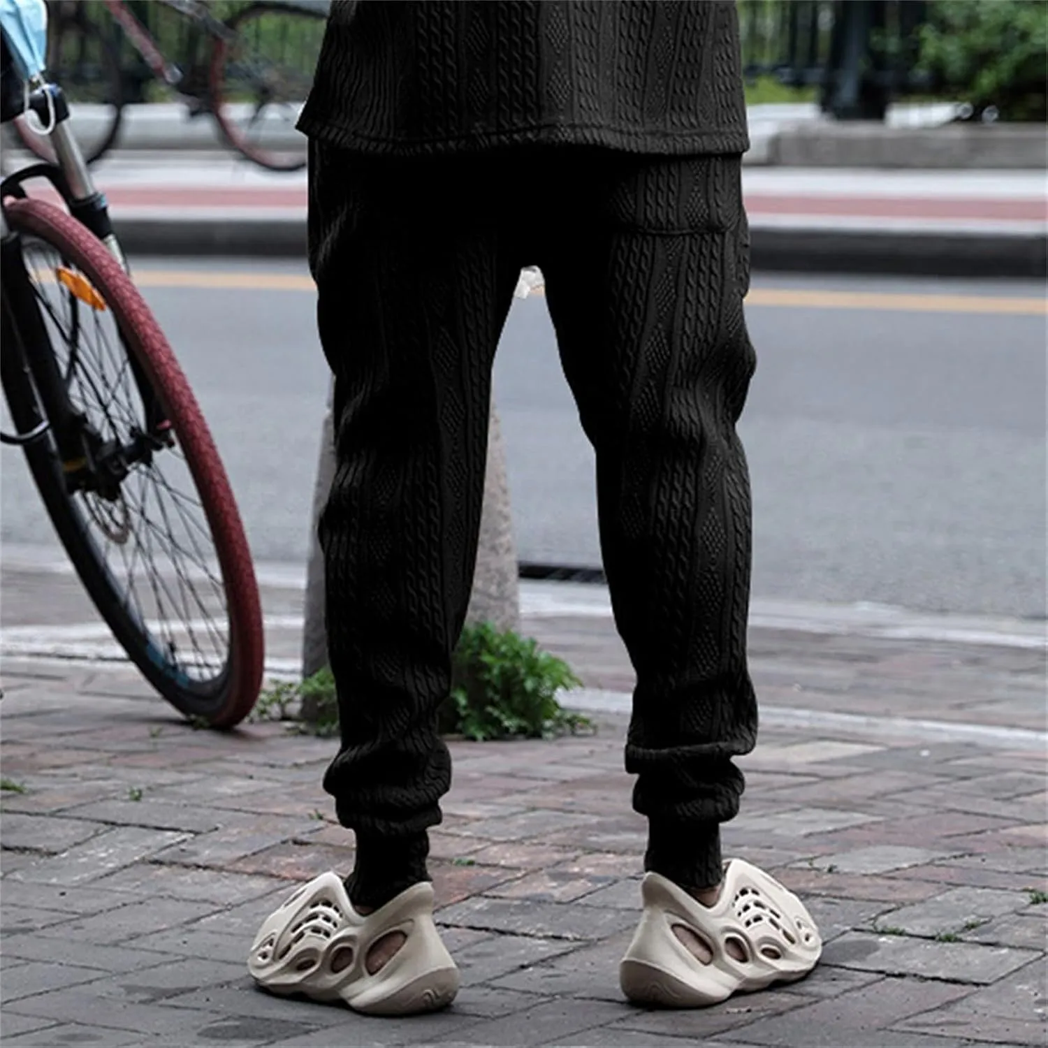 evzosrz Mens Casual Pants Jacquard Knitted Loose Joggers Relaxed Fit Trousers Elasticated Waist Drawstring Solid Sweatpants