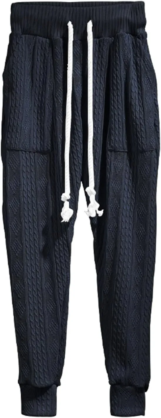 evzosrz Mens Casual Pants Jacquard Knitted Loose Joggers Relaxed Fit Trousers Elasticated Waist Drawstring Solid Sweatpants