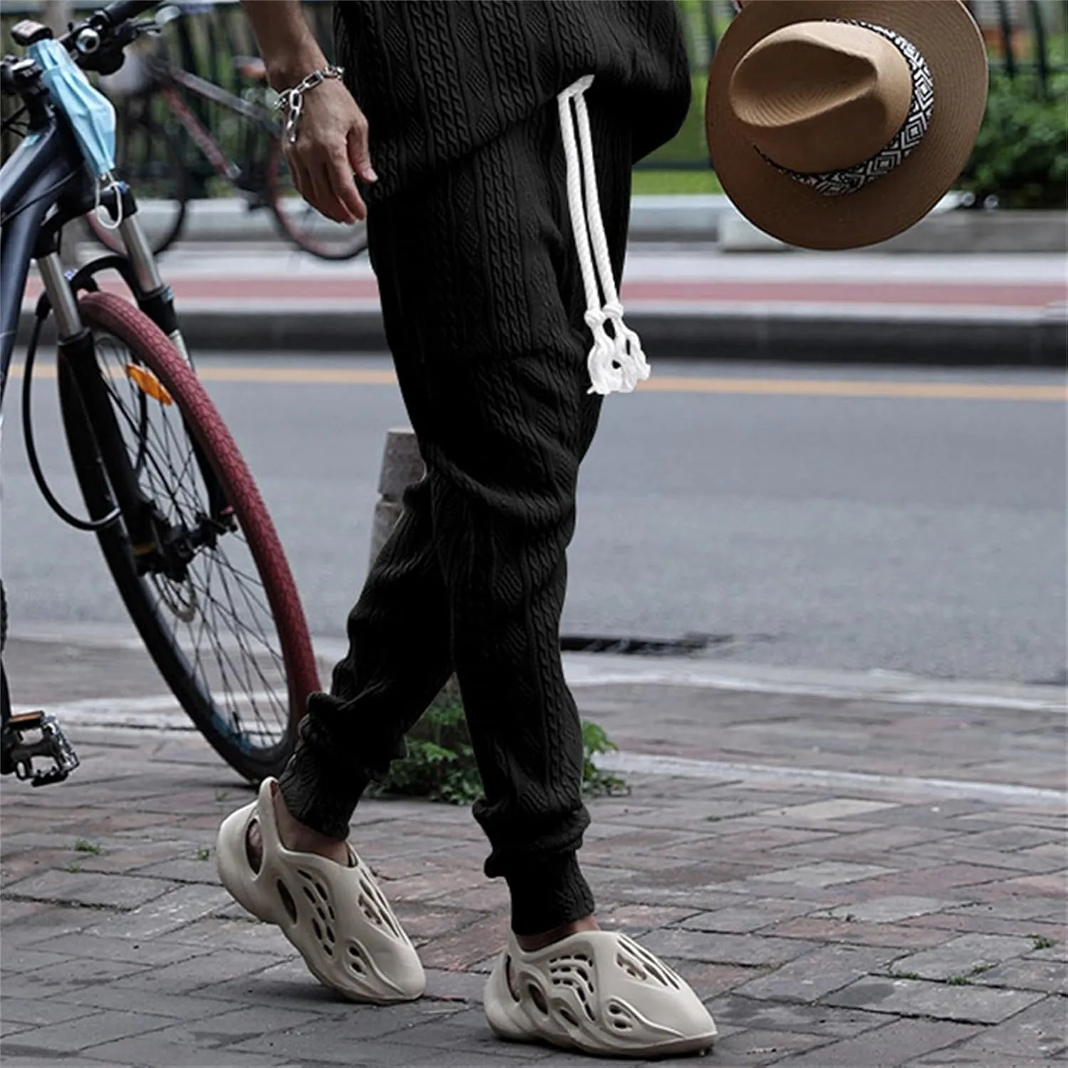 evzosrz Mens Casual Pants Jacquard Knitted Loose Joggers Relaxed Fit Trousers Elasticated Waist Drawstring Solid Sweatpants
