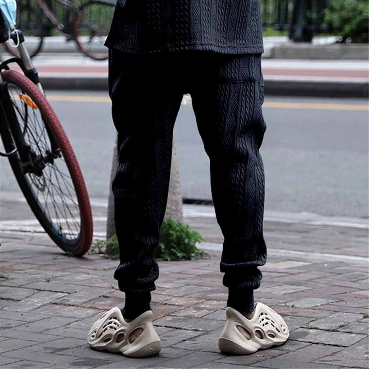 evzosrz Mens Casual Pants Jacquard Knitted Loose Joggers Relaxed Fit Trousers Elasticated Waist Drawstring Solid Sweatpants