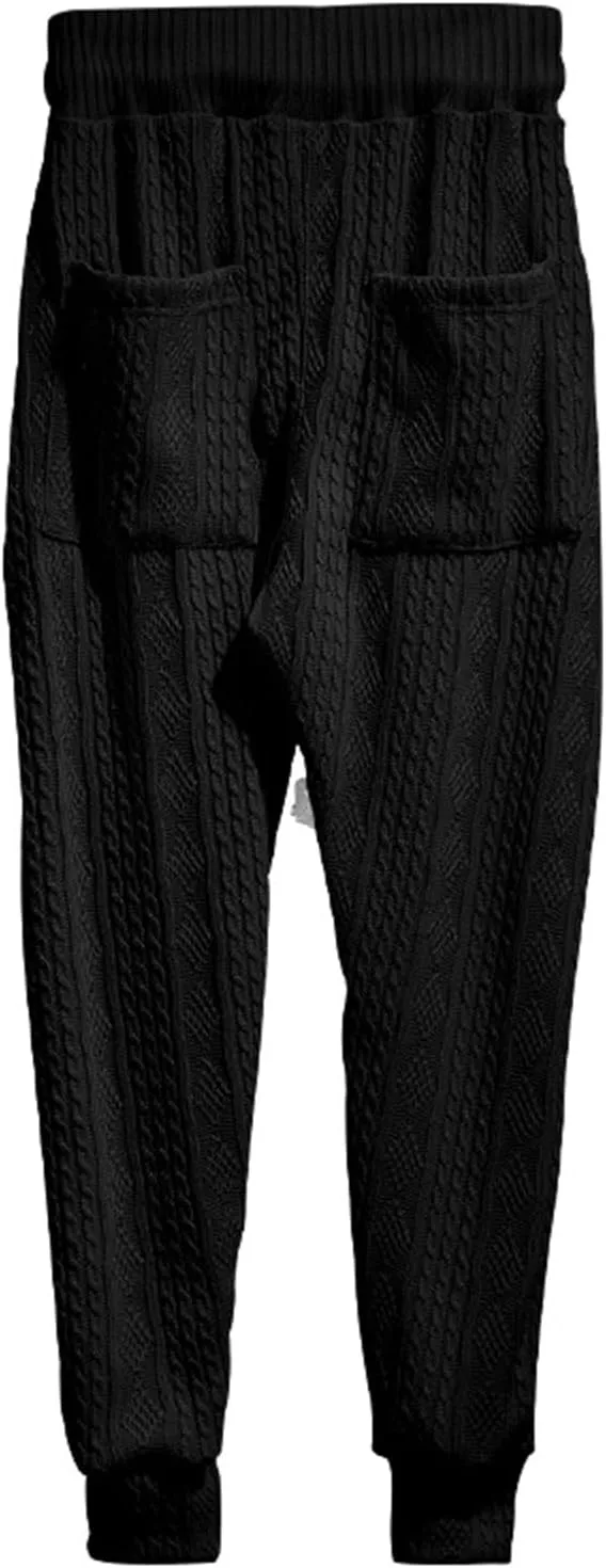 evzosrz Mens Casual Pants Jacquard Knitted Loose Joggers Relaxed Fit Trousers Elasticated Waist Drawstring Solid Sweatpants