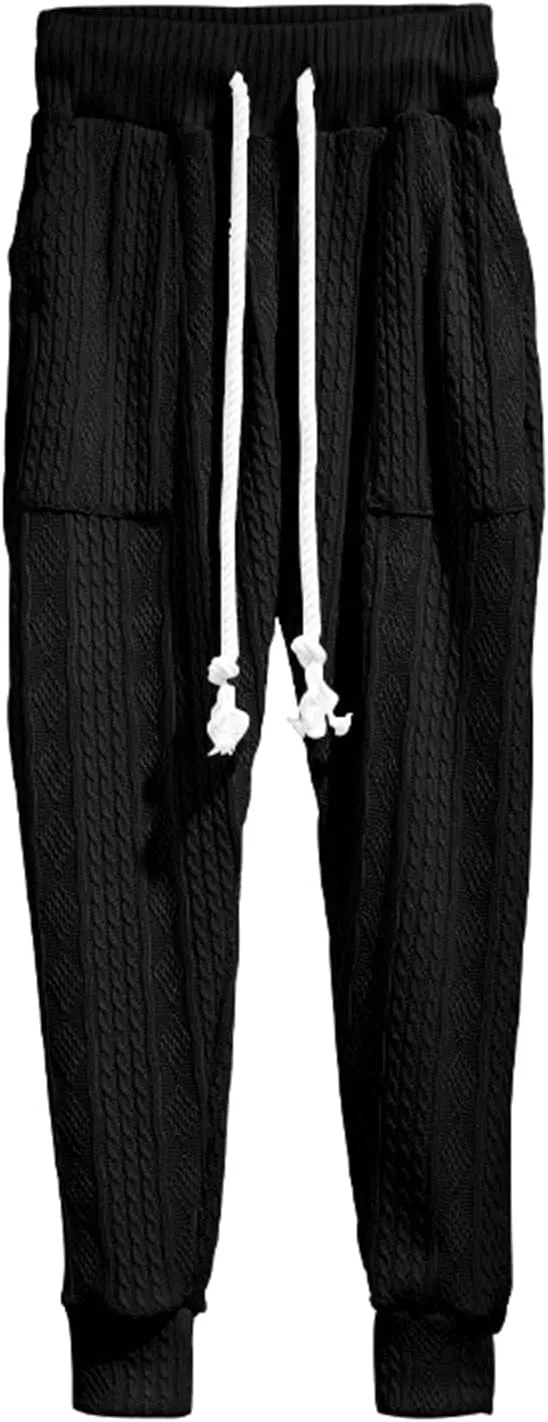 evzosrz Mens Casual Pants Jacquard Knitted Loose Joggers Relaxed Fit Trousers Elasticated Waist Drawstring Solid Sweatpants