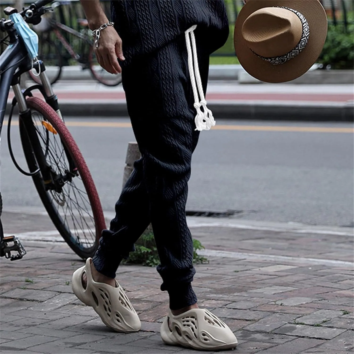 evzosrz Mens Casual Pants Jacquard Knitted Loose Joggers Relaxed Fit Trousers Elasticated Waist Drawstring Solid Sweatpants