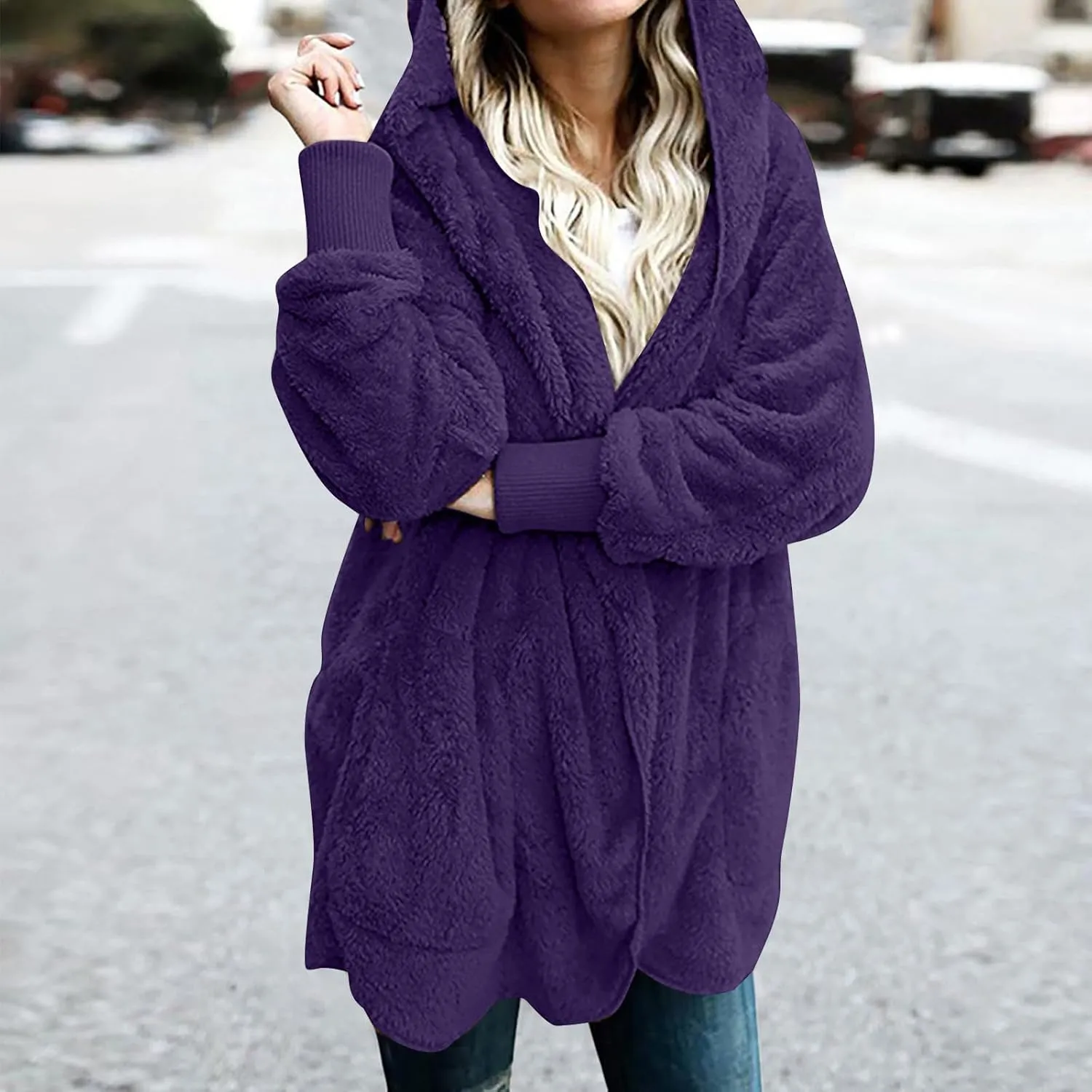 Fall Winter Cardigan Coats for Women Fuzzy Open Front Hooded Jackets Flannel Lightweight Fluffy Outerwear