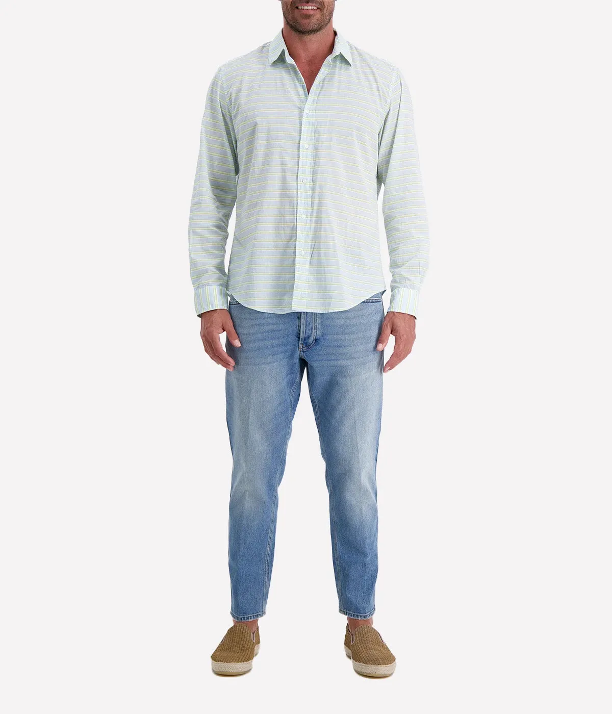 Finbar Woven Button Up Shirt in Blue Chartreuse Multi Stripe