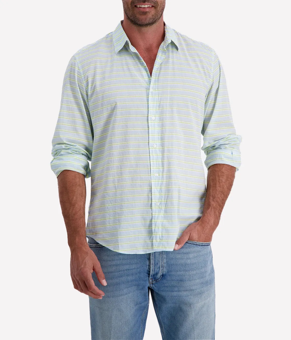 Finbar Woven Button Up Shirt in Blue Chartreuse Multi Stripe