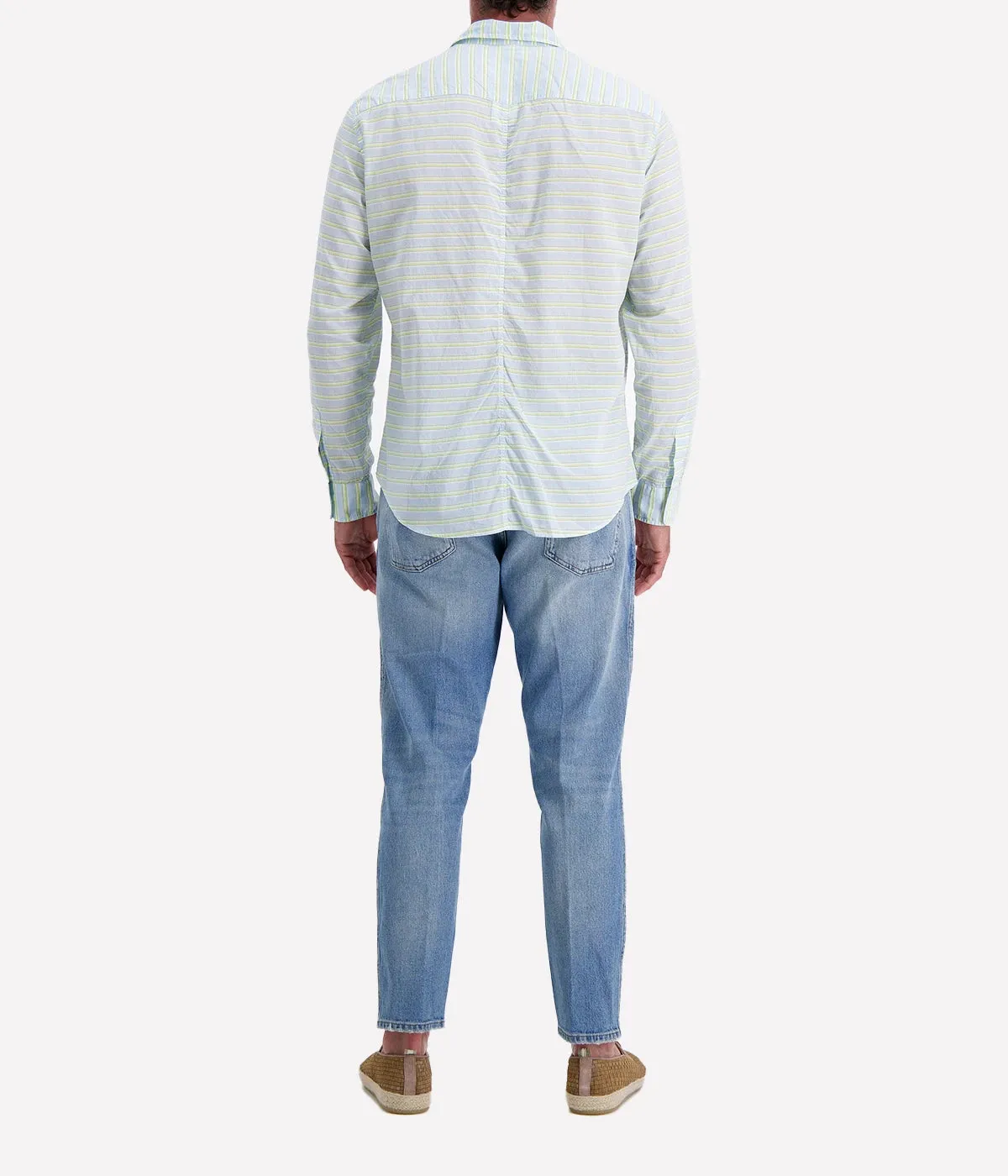 Finbar Woven Button Up Shirt in Blue Chartreuse Multi Stripe