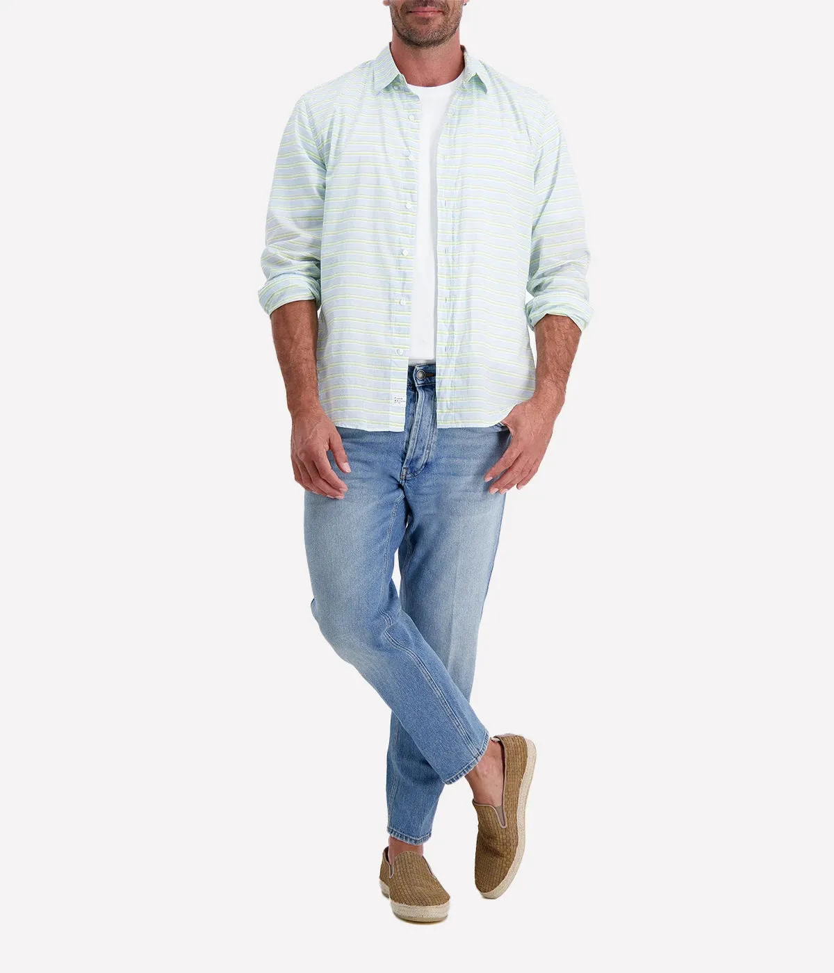Finbar Woven Button Up Shirt in Blue Chartreuse Multi Stripe
