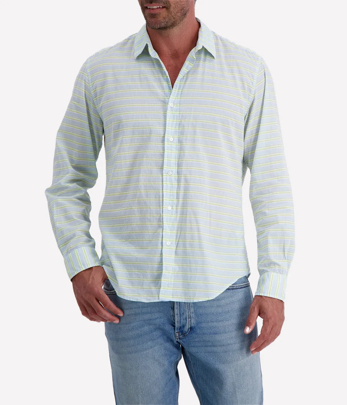 Finbar Woven Button Up Shirt in Blue Chartreuse Multi Stripe