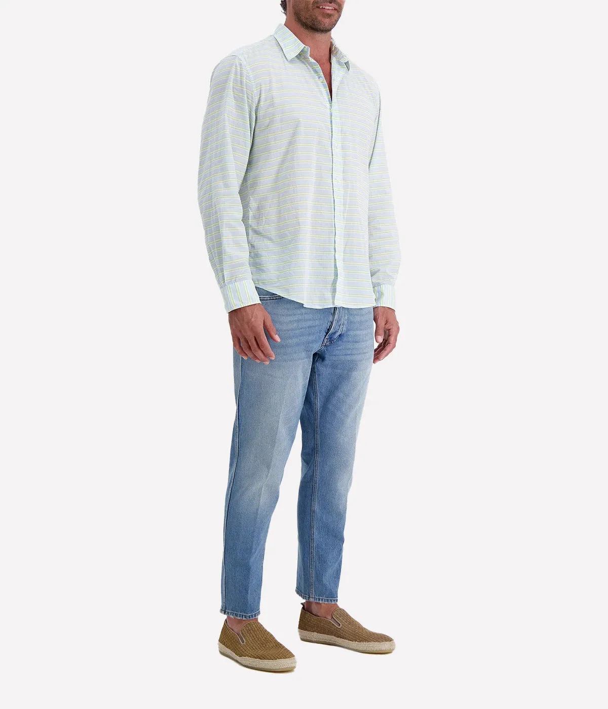 Finbar Woven Button Up Shirt in Blue Chartreuse Multi Stripe