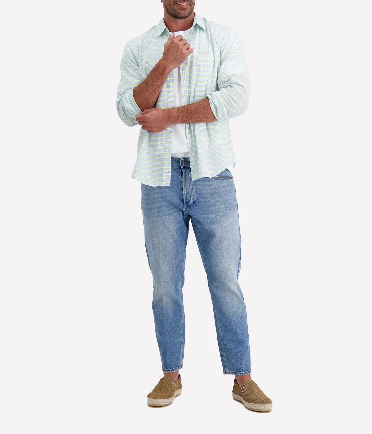 Finbar Woven Button Up Shirt in Blue Chartreuse Multi Stripe